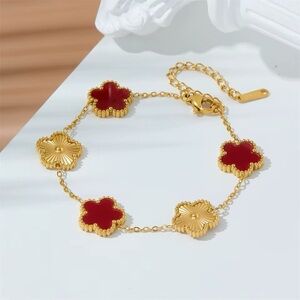 Gold-Toned Stainless Steel Red & Gold Flower Motif Bracelet